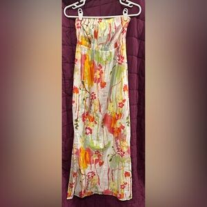 Strapless Floral Maxi Dress in White with Pink & Orange Accents